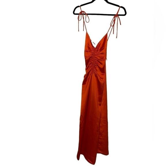 Jason Wu Orange Satin Ruched Sleeveless Open Back Midi Slip Dress Semi Formal - Picture 3 of 6